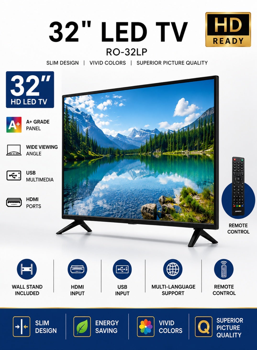 تلفزيون LED مقاس 32 بوصه، تلفزيون LED رفيع مع حامل حائط وجهاز تحكم عن بعد، RO-32LP | منافذ HDMI وUSB، متعدد اللغات