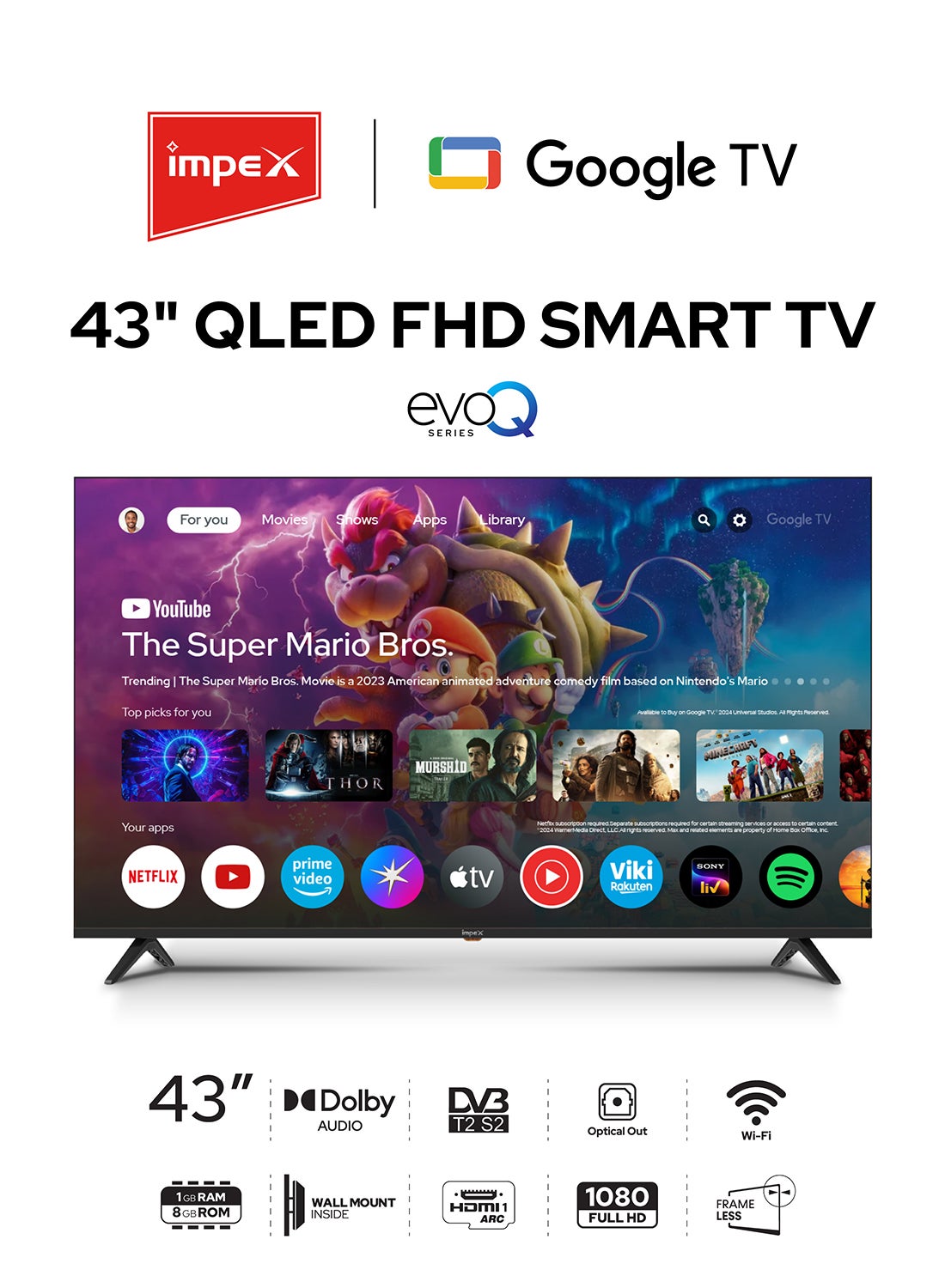 تلفاز جوجل QLED بدقه 43 بوصه Full HD | جهاز تحكم صوتي مع مساعد جوجل | تصميم فائق النحافه بدون اطار | GoogleCast مدمج | 4xHDMI، 2xUSB | 1GB RAM، 8GB ROM | لوحه من الدرجه A+ | زاويه مشاهده واسعه | Evoq43QLC