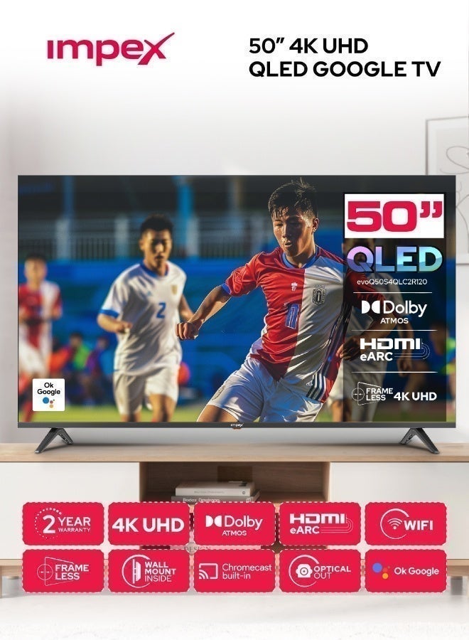 تلفاز جوجل QLED بحجم 50 بوصه | دقه 4K Ultra HD | جهاز تحكم صوتي | 2 جيجابايت RAM و 16 جيجابايت تخزين | واي فاي، بلوتوث، HDMI ARC، USB، بصري، مدخل AV | نظام صوت دولبي | زاويه رؤيه 178° | دقه عاليه | Evoq50QLC