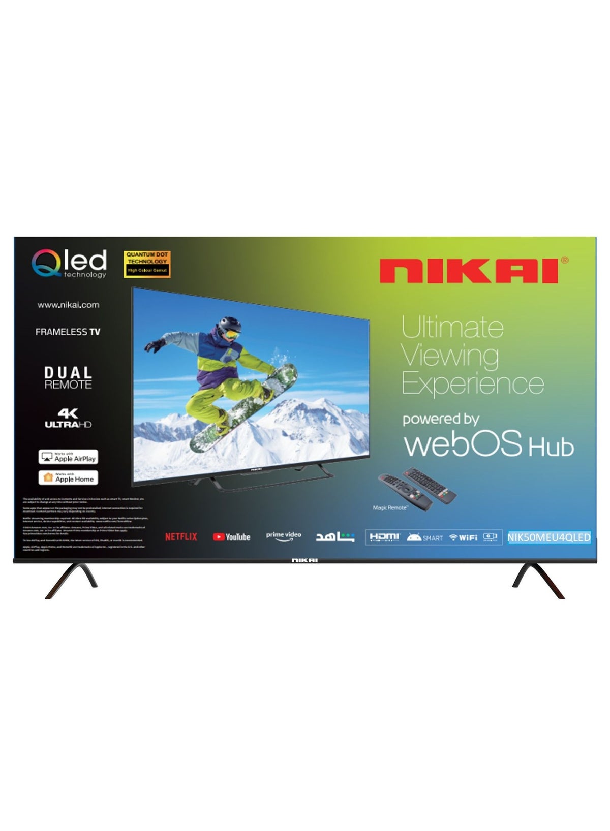 تلفاز ذكي UHD QLED مقاس 50 بوصه، 60 هرتز، نظام WebOS 4K، تحكم صوتي بدون استخدام اليدين، Dolby Digital، واي فاي مدمج، بلوتوث، نطاق الوان عال، اتصال سهل مع اجهزه اندرويد وابل، موديل 2025، ضمان لمده سنتين - NIK50MEU4QLED1 / NIK50MEU4QLED6 اسود
