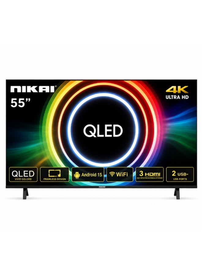 55-Inch 4K UHD QLED Smart TV | 60HZ | Frameless Design | Android 15 | Wi-Fi | HDR | 3 HDMI | 2 USB | 2 Year Warranty | 55NKSQLED black