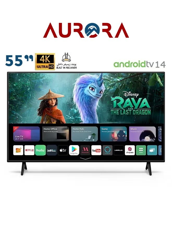 تلفزيون ارو 55 بوصه 4K الترا اتش دي سمارت - شاشه اندرويد 14 مسطحه و lnnolux، يدعم الواي فاي، اتصال USB - AR-55LPS