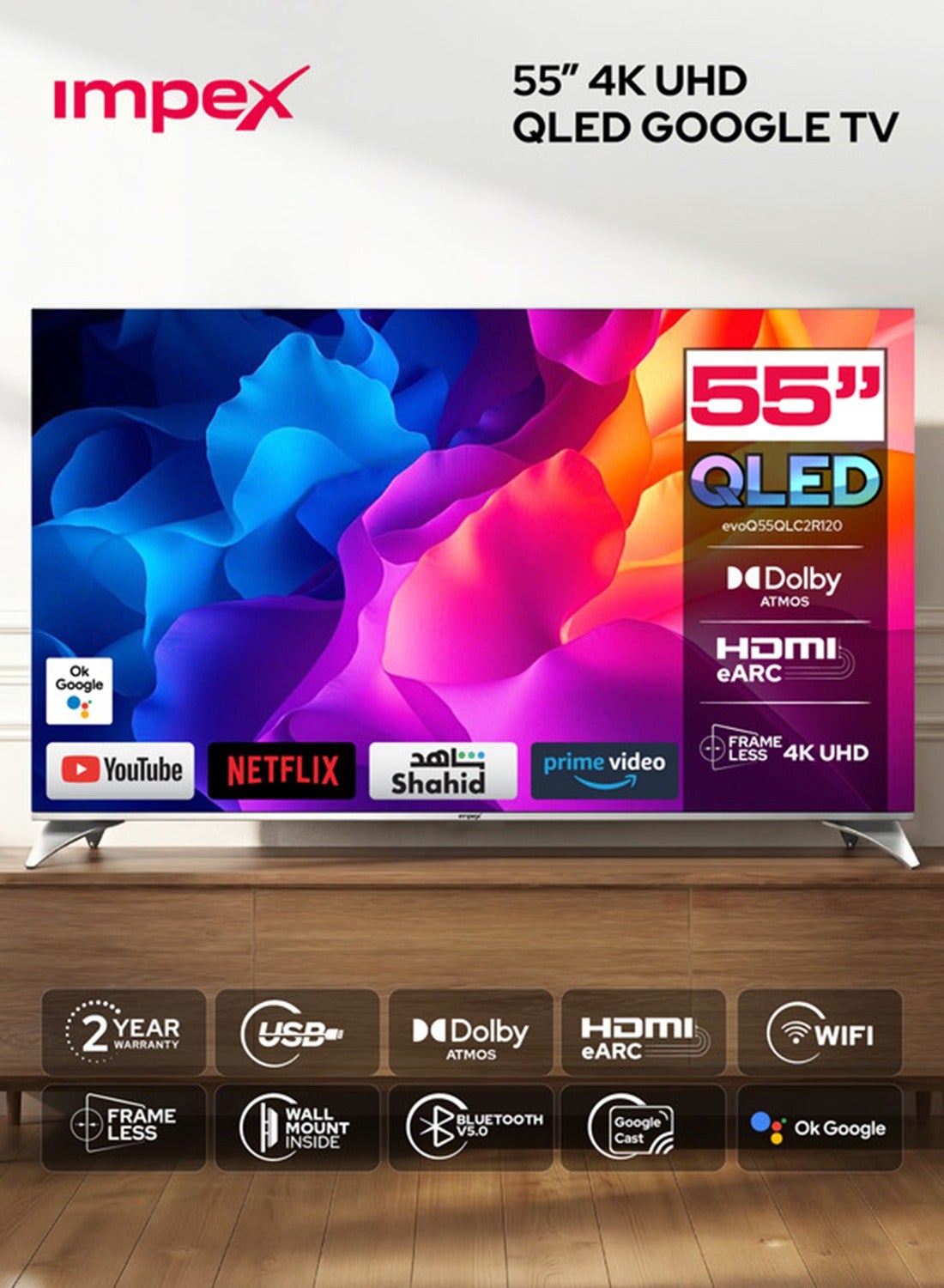 تلفاز جوجل QLED بحجم 55 بوصه | 4K Ultra HD، Dolby Vision و Atmos | مساعد جوجل | جهاز تحكم صوتي | بلوتوث، واي فاي، HDMI، USB، مدخل AV، بصري، ALLM | 2GB RAM/8GB ROM | زاويه مشاهده واسعه | ممتاز للالعاب | Evoq55QLC