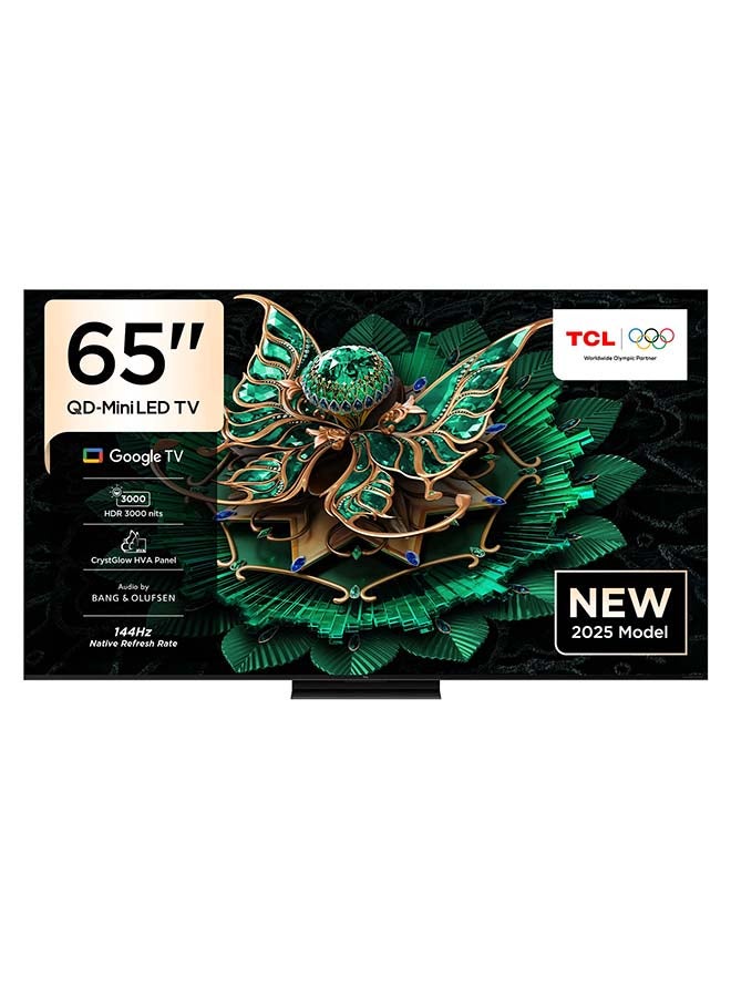 تلفاز ذكي 65 بوصه QD-Mini LED للالعاب، معدل تحديث اصلي 144 هرتز، سلسله ديمينغ دقيقه لوحه CrystGlow HVA، HDR 2600 نيت، تصميم فائق النحافه (طراز 2025)