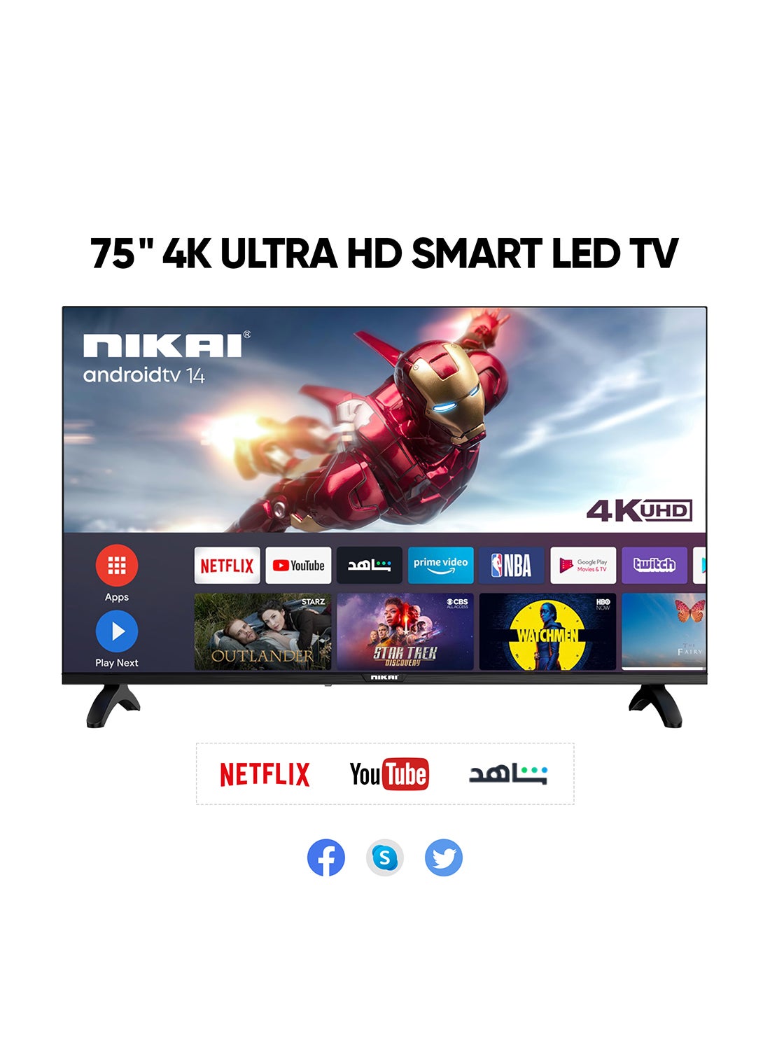 تلفزيون LED ذكي مقاس 75 بوصه، 60 هرتز، تصميم بدون اطار، شبكه Wi-Fi مدمجه، تطبيقات ذكيه Shahid، YouTube، Netflix، Amazon، اتصال HDMI وUSB، رباعي النواه، ذاكره وصول عشوائي 1 جيجابايت، ذاكره 8 جيجابايت، ايقاف تشغيل تلقائي ، ضمان لمده سنتين - UHD75SLEDK/UHD75SLED/UHD75SLED5 اسود