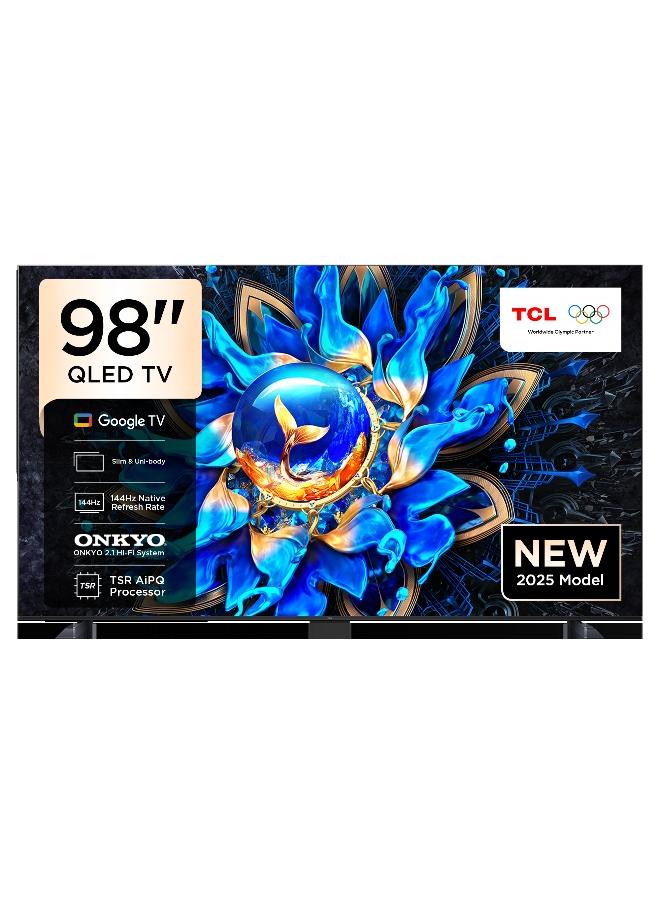 تلفاز ذكي 98 بوصه 4K QLED ملون كريستال كوانتم HDR 10+ للالعاب جوجل TV، معدل تحديث اصلي 144HZ، نظام ONKYO 2.1 Hi-Fi، دولبي اتموس، MEMC، ماستر الالعاب، (طراز 2025)