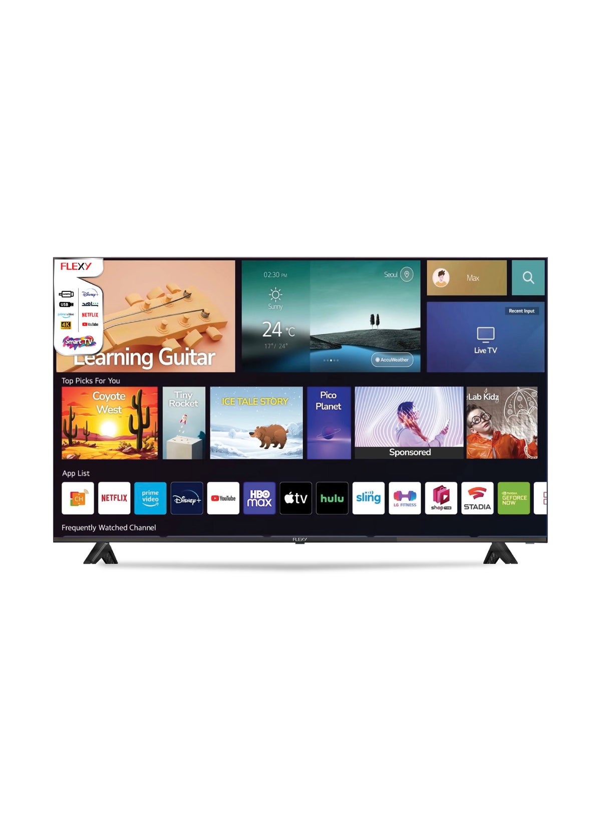 تلفزيون FLEXY الذكي LED مقاس 43 بوصه، بدقه 1920x1080 Full HD، مزود بمنفذي HDMI، ومنفذي USB، وواي فاي، وبلوتوث، ونتفليكس، ويوتيوب، وضمان لمده عامين.