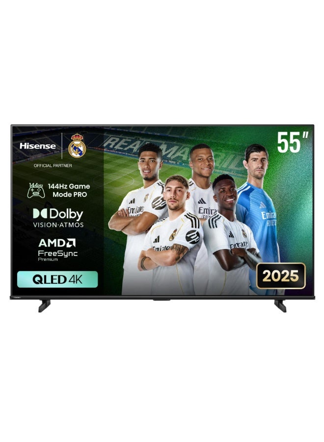 تلفاز ذكي QLED 4K من هايسنس بحجم 55 بوصه، 144 هرتز VRR، صوره بالذكاء الاصطناعي، دولبي اتموس، تحكم صوتي