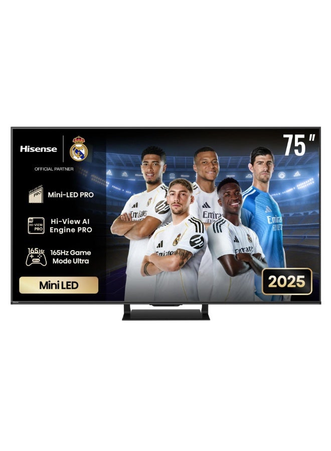 تلفاز هاي سينس 75 بوصه ULED MINI LED برو الذكي، وضع العاب VRR 165HZ Ultra، محرك الذكاء الاصطناعي عالي الرؤيه PRO، دولبي فيجن اتموس، 2.1.2 محيط متعدد القنوات، مضاد للانعكاس