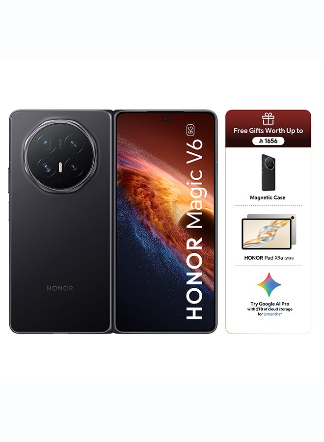 هاتف Magic V6 القابل للطي، يدعم شريحتين (Dual SIM)، لون اسود، ذاكره عشوائيه 16 جيجابايت وسعه تخزين 512 جيجابايت، يدعم شبكه 5G، مع جهاز Honor Pad X9a وميزات Google AI Pro مجانا (يتضمن غطاء مغناطيسيا داخل العلبه) - اصدار الشرق الاوسط.