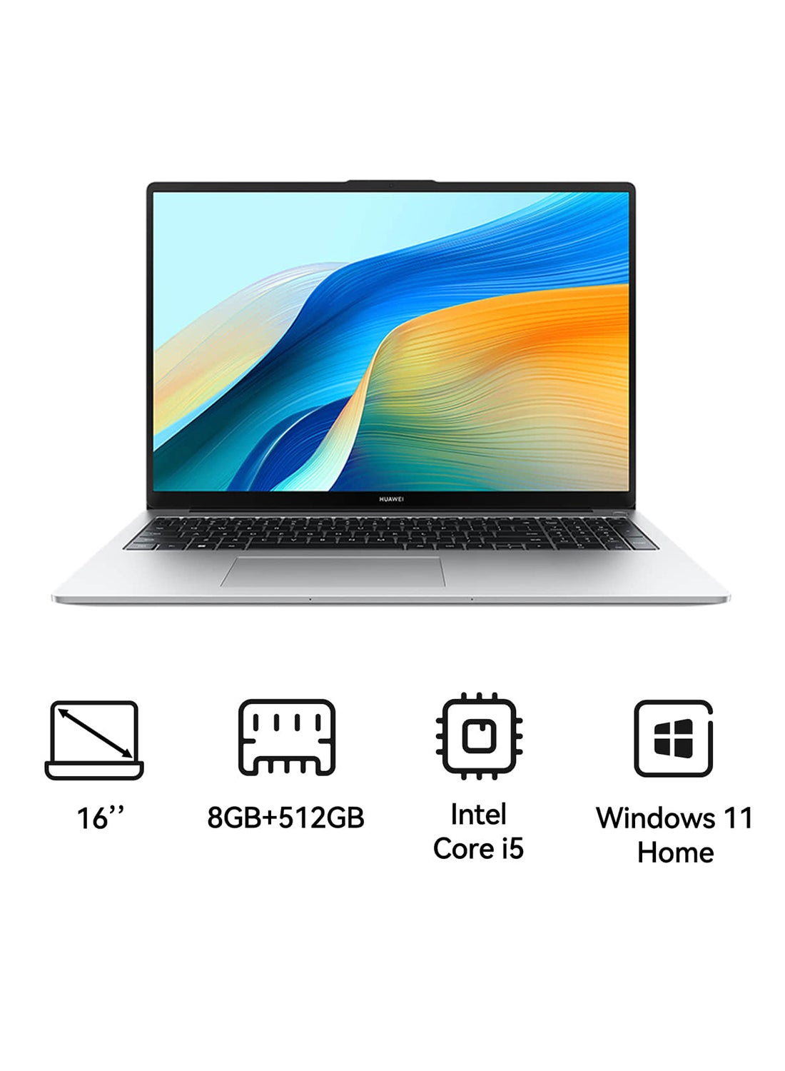 لابتوب MateBook D 16 بشاشه عرض كامله مريحه للعين مقاس 16 بوصه، معالج Core i5-12450H، ذاكره وصول عشوائي 8 جيجابايت، قرص صلب SSD سعه 512 جيجابايت، نظام تشغيل Windows 11 Home، معالج رسومات Intel UHD، هيكل معدني خفيف الوزن ولوحه مفاتيح رقميه سهله الاستخدام، لون فضي غامض يدعم اللغتين الانجليزيه والعربيه الانجليزيه/العربيه فضي