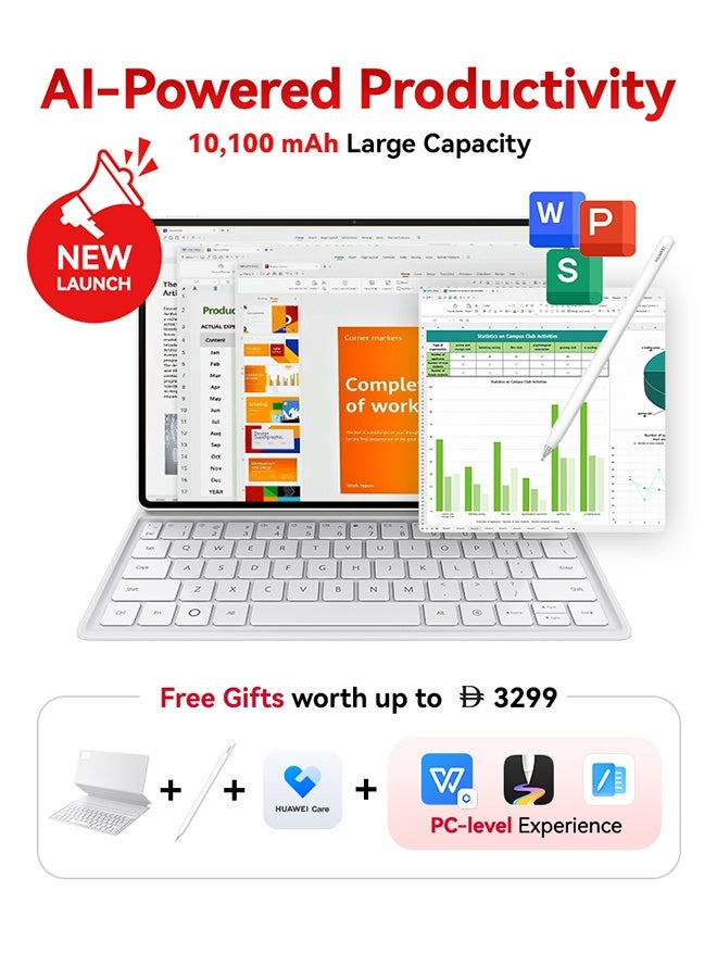 MatePad Air PaperMatte Tablet 12-inch White 8GB RAM 256GB WiFi With WPS Office, Smart Magnetic Keyboard, 66W SuperCharge + FOC - Middle East Version