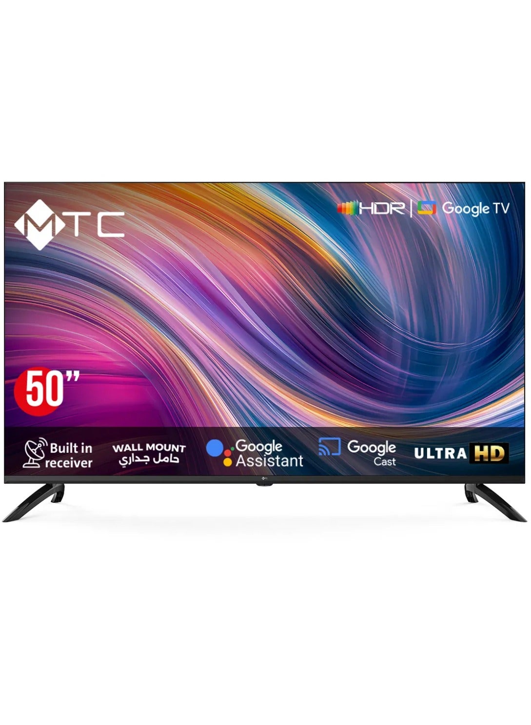 شاشه ذكيه ام تي سي نظام تشغيل جوجل تي في عالي الوضوح UHD، مقاس 50 بوصه، مع ريسيفر مدمج، ومساعد جوجل، مع حامل جداري - موديل MT50UH450GO