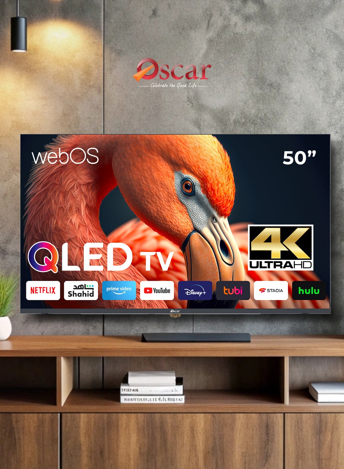 تلفزيون اوسكار ذكي QLED مقاس 50 بوصه بدقه 4K، صوت Dolby، نطاق الوان واسع 90% DCI-P3، شاشه بدون اطار، يدعم Apple AirPlay وMiracast لمشاركه الشاشه، متوافق مع Apple Home، تلفزيون ذكي باللغتين العربيه والانجليزيه، تصميم باطار نحيف – OS50QLEDWP