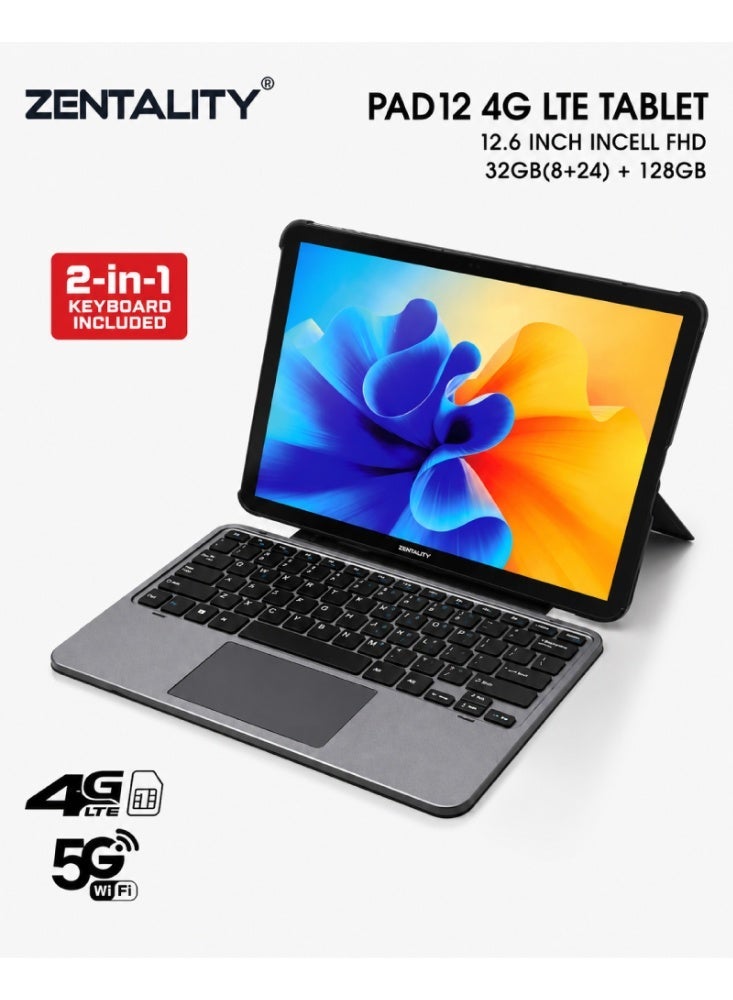 تابلت PAD12 مقاس 12.6 بوصه FHD، 4G LTE اندرويد 14 ، رام 32 (24+8)جيجابايت وذاكره 128 جيجابايت، مع كيبورد وماوس وقلم – رمادي