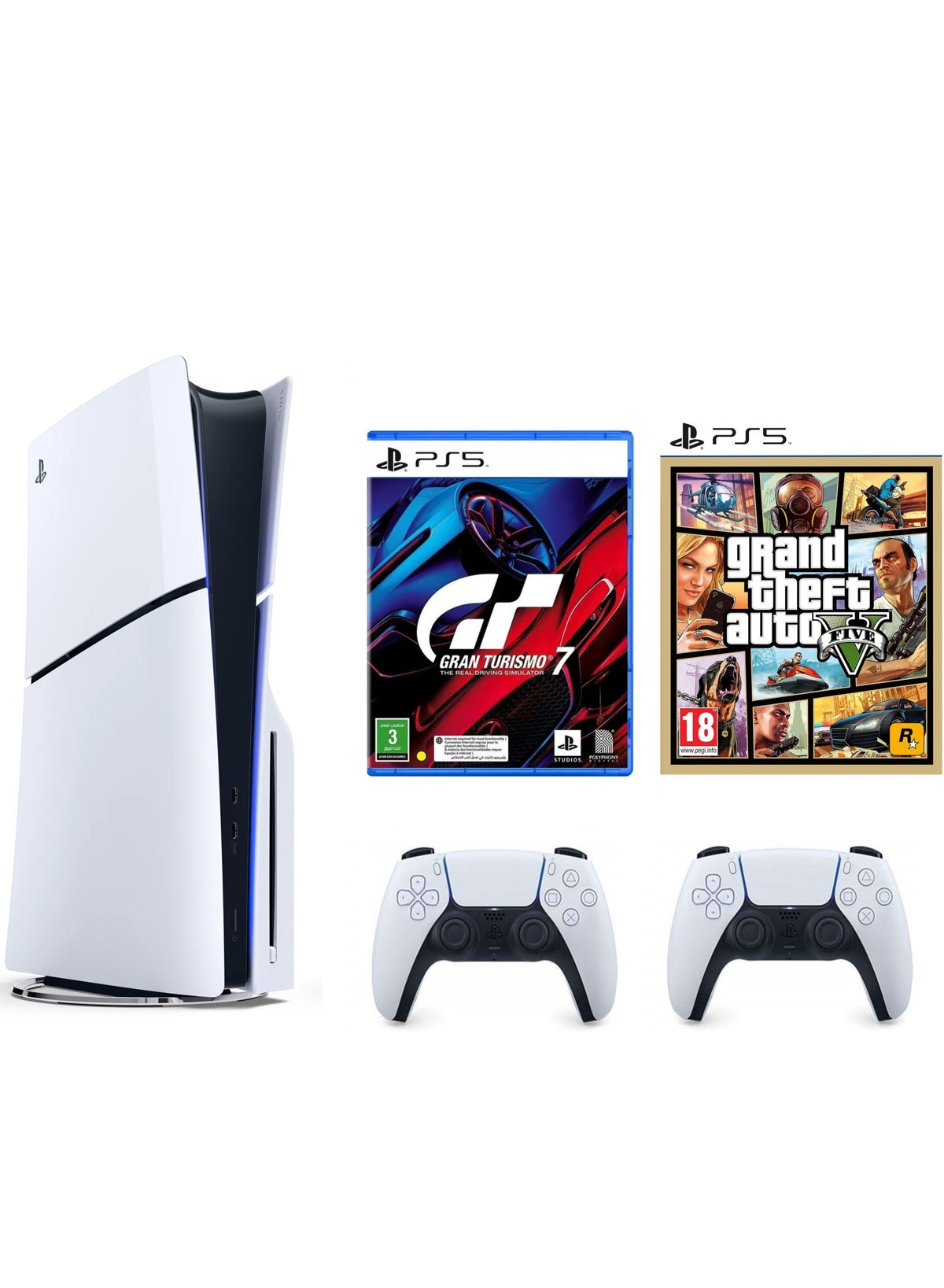 جهاز PlayStation 5 نسخه القرص (النسخه الرسميه للمملكه العربيه السعوديه) مع وحده تحكم اضافيه DualSense ولعبتي Gran Turismo 7 و Grand Theft Auto V.