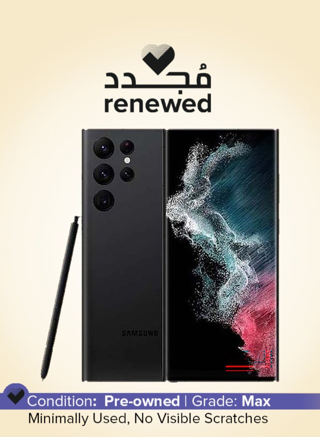 تم تجديده - هاتف Galaxy S22 Ultra ثنائي الشريحه بلون اسود فانتوم وذاكره وصول عشوائي (RAM) سعه 12 جيجابايت وذاكره داخليه 256 جيجابايت يدعم تقنيه 5G - الاصدار العالمي