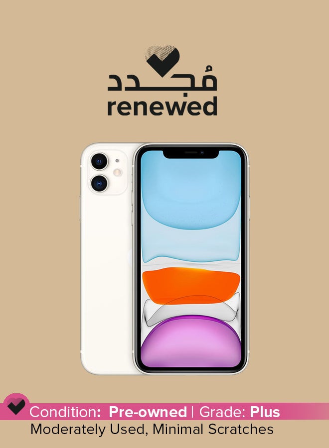 مجدد - هاتف ايفون 11مع تطبيق فيس تايم وذاكره داخليه سعه 64 جيجابايت ويدعم تقنيه 4G LTE - بالمواصفات الدوليه، لون ابيض