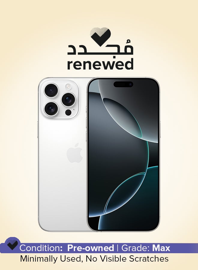 مجدد - ايفون 16 برو ماكس 256 جيجابايت ابيض تيتانيوم 5G (شريحه الكترونيه فقط) مع فيس تايم - النسخه الامريكيه