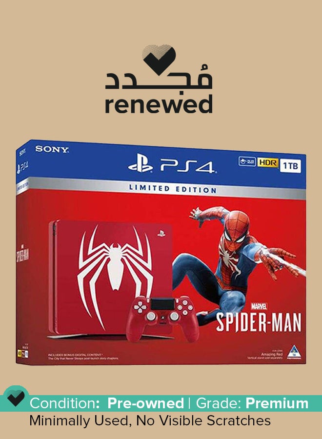 مجدد - جهاز العاب بلايستيشن 4 سليم بسعه 1 تيرابايت - اصدار محدود للعبه 'Marvel's Spider-Man' بلون احمر امايزينج