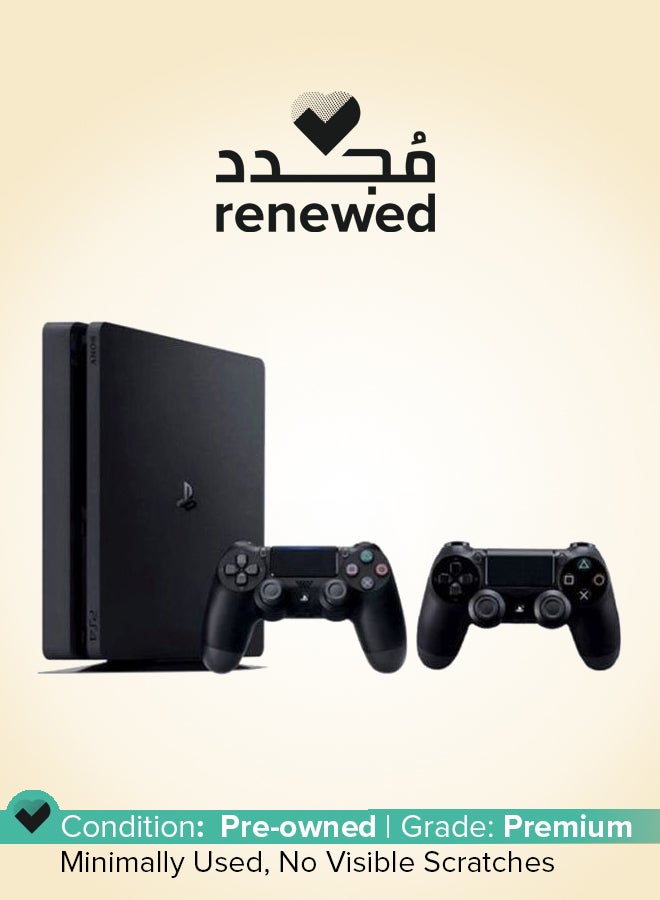 تم تجديده - جهاز PlayStation 4 Slim بسعه 1 تيرابايت مع وحدتي تحكم Dualshock 4 لاسلكيتين
