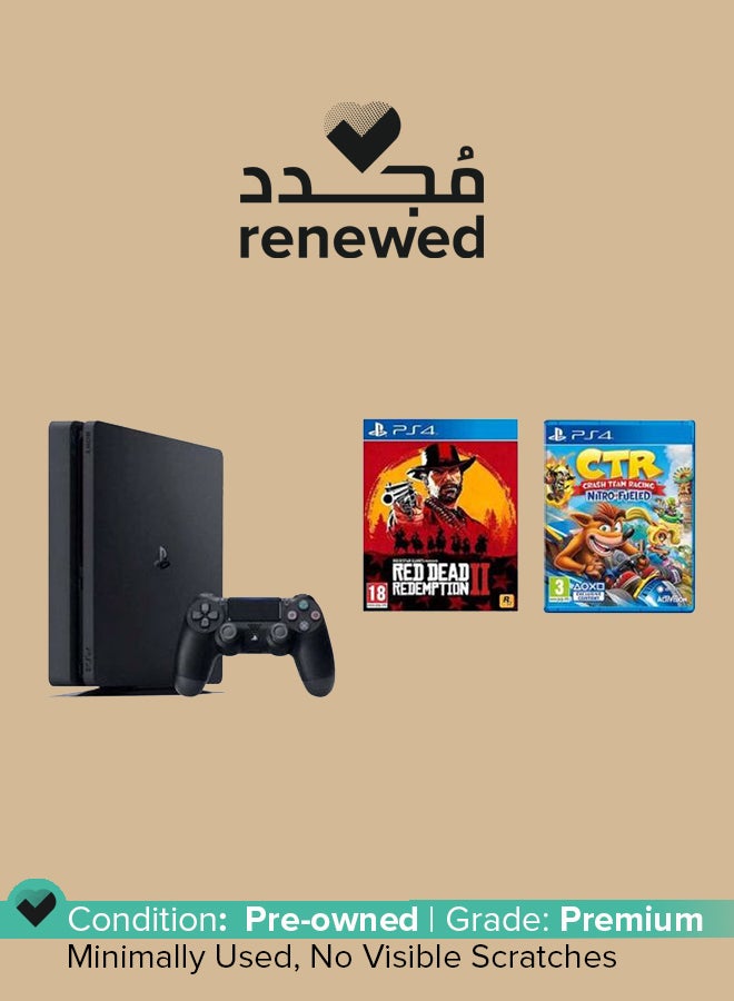 مجدد - جهاز العاب بلايستيشن 4 سليم بذاكره سعه 500 جيجابايت مع لعبتين (لعبه ''CTR:Crash Team Racing'' ولعبه ''Red Dead Red emption II'')