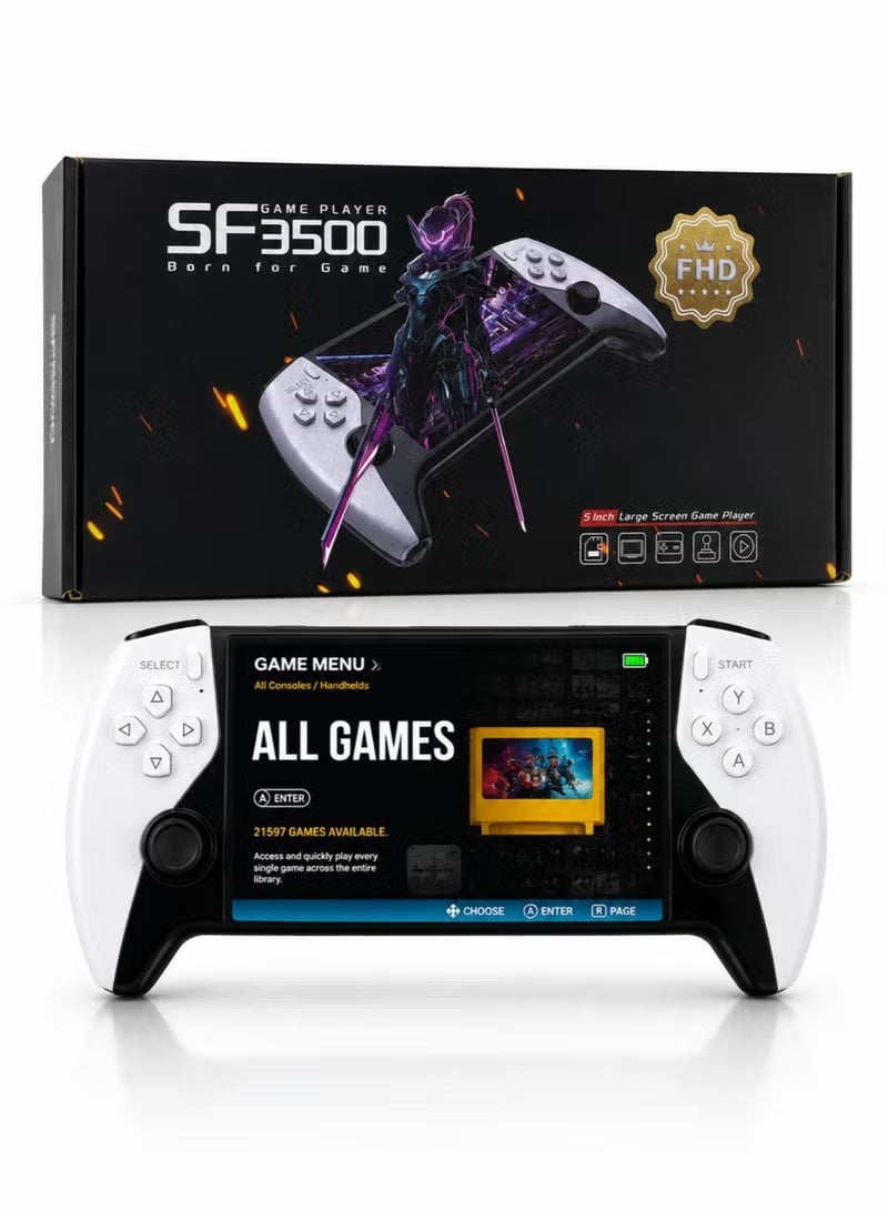 SF3500 Handheld Retro Gaming Console, 5-Inch IPS HD Screen, 2GB DDR3 RAM, 3000MAH Rechargeable Battery, HDMI TV Output, Portable Classic Game Player, Built-In Retro Games, Ergonomic Controls, Gaming Console for Kids & Adults, White/Black