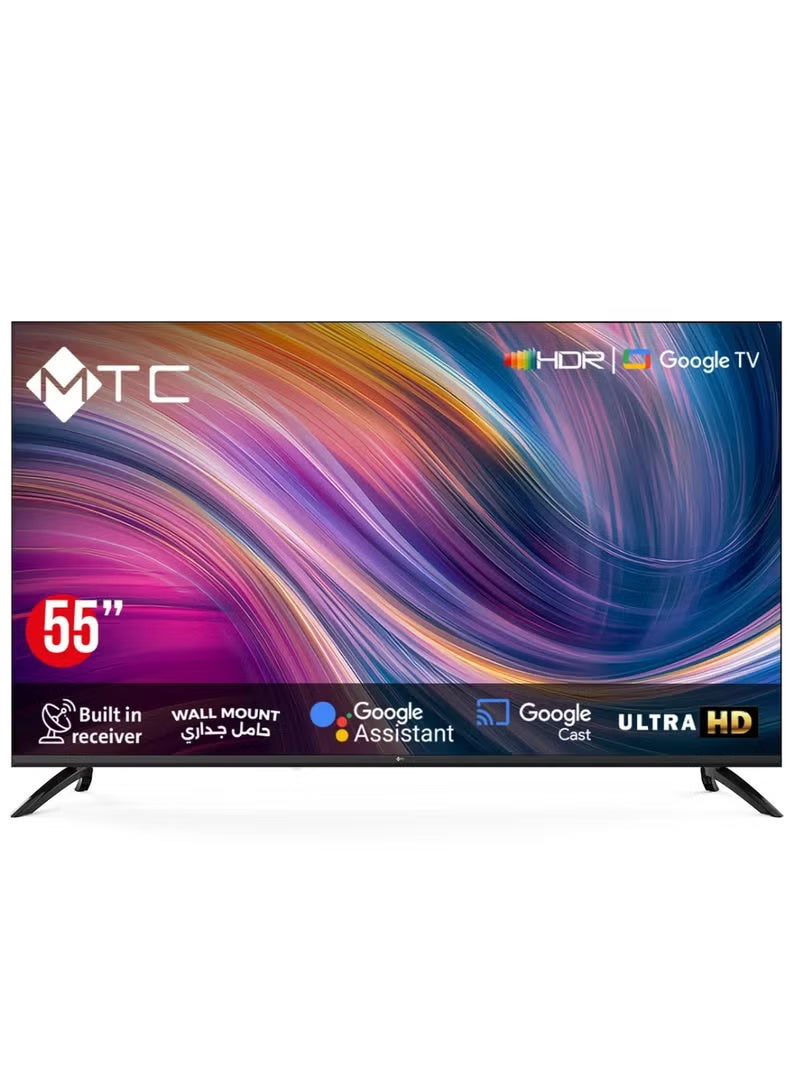 شاشه ذكيه - جوجل تي في عالي الوضوح UHD - مقاس 55 بوصه - مع ريسيفر مدمج، ومساعد جوجل - مع حامل جداري - MT55UH450GO