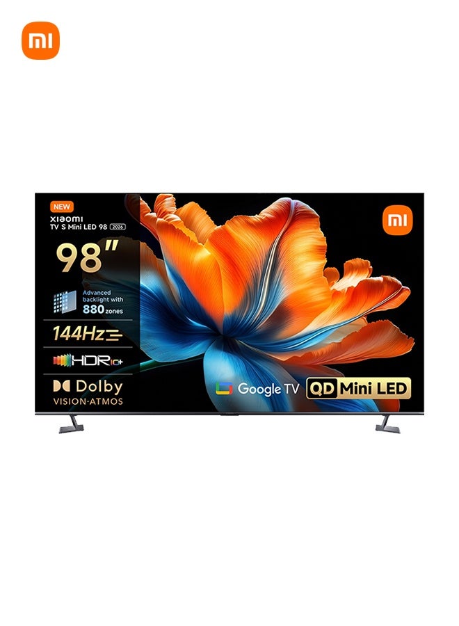 تلفاز S ميني LED 98" 2026، QLED ميني LED، تلفاز ذكي مع Dolby Vision + Dolby Atmos، 144HZ مع وضع تعزيز الالعاب 288HZ، 4K UHD، HDR10+، MEMC، Google TV، Airplay 2، Google