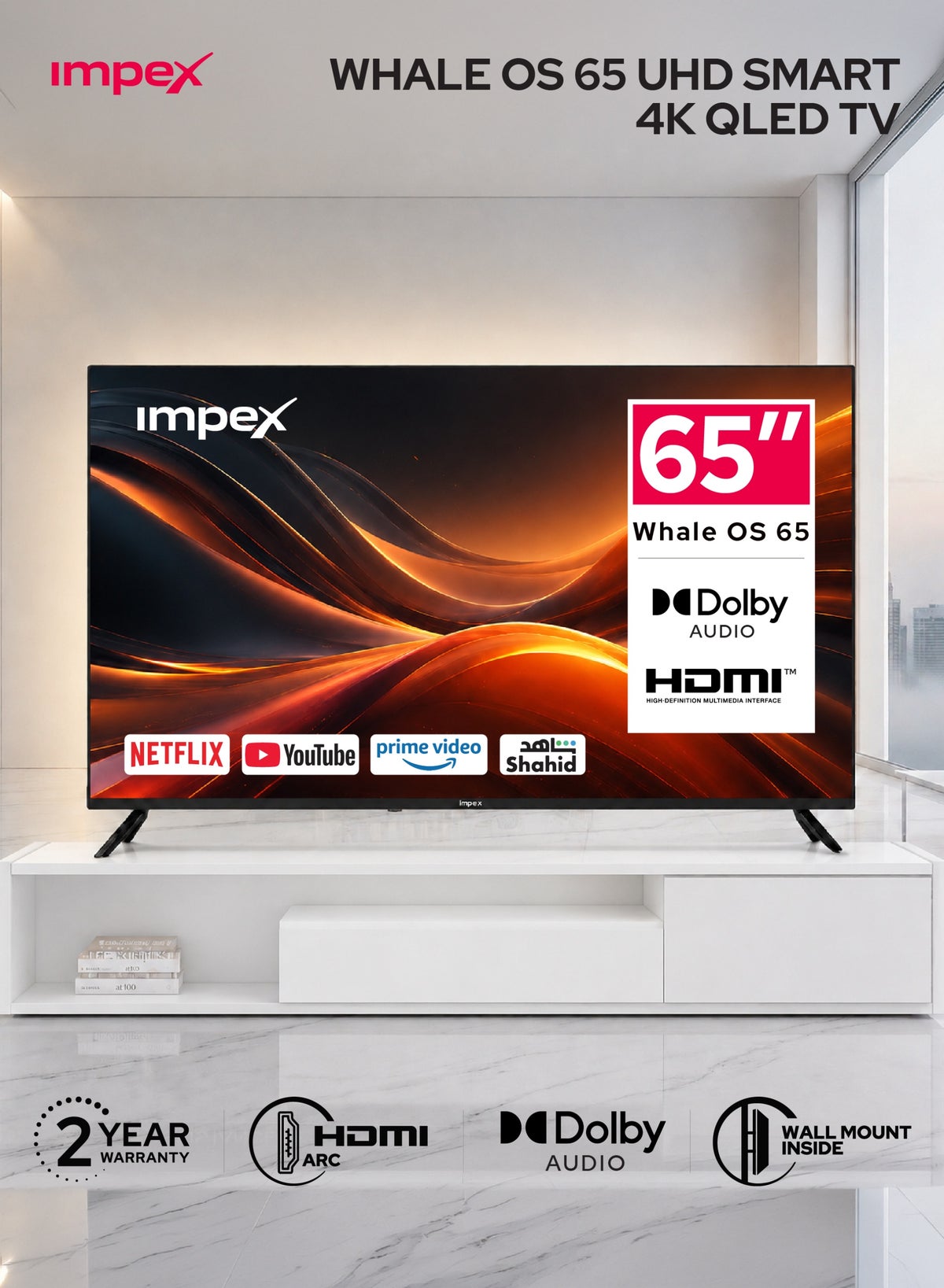 تلفاز واهل او اس 65 بوصه ذكي QLED | 4K Ultra HD | مساعد صوتي ذكي مع ChatGPT | نتفليكس، يوتيوب، برايم فيديو، ديزني+ | HDMI، USB، مدخل صوت، مدخل فيديو، مدخل RJ45 | 8 جيجابايت تخزين، 1.5 جيجابايت RAM | Wios65Q